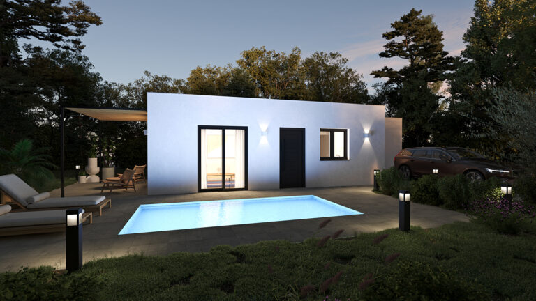 Vivienda Madercás 65 m2 tipo cubo exterior de noche